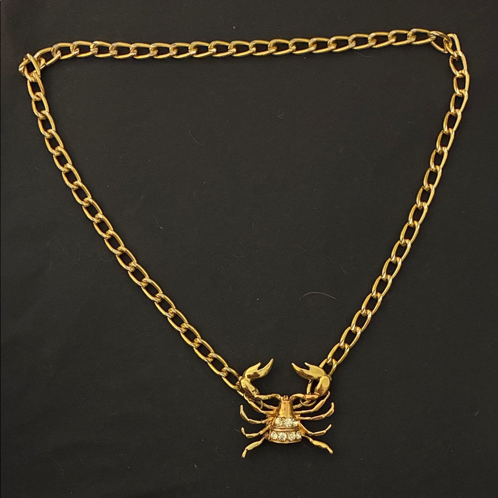 Vintage Unique Gold tone Crab Pendant Necklace with Crystal stone accents
